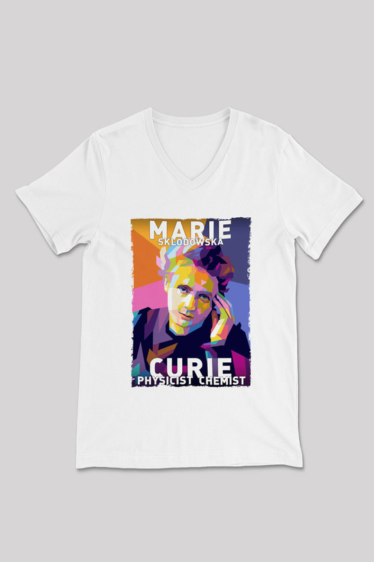 Marie Sklodowska Curie Baskılı Unisex V Yaka Beyaz Tişört - Tshirt