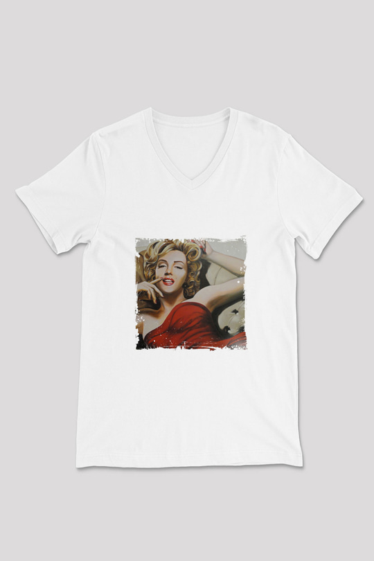 Marilyn Monroe Baskılı V Yaka Unisex Beyaz Tişört