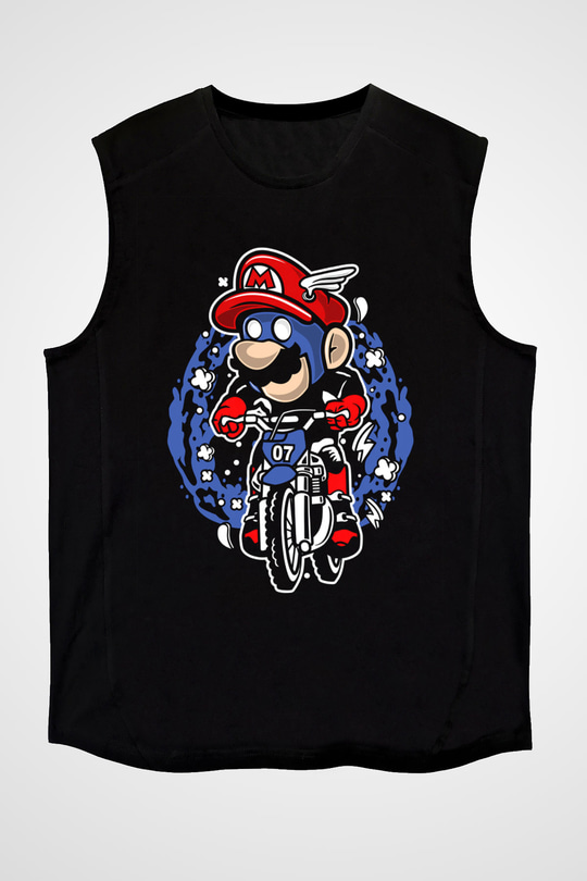 Mario Biker Baskılı Siyah Unisex Kolsuz Tişört