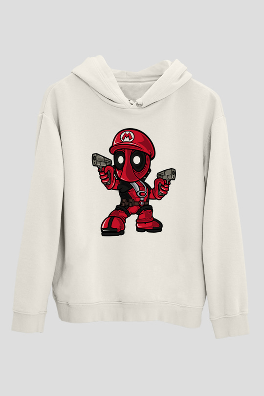 Mario Deadpool Baskılı Beyaz Unisex Hoodie