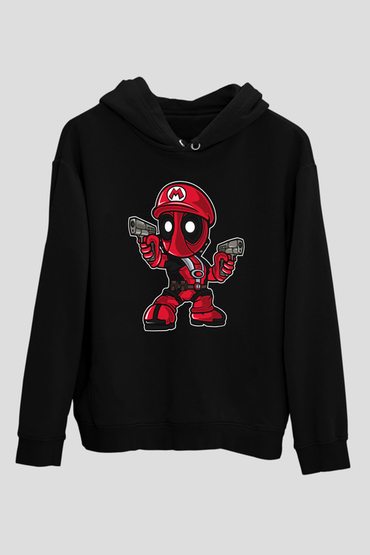 Mario Deadpool Baskılı Siyah Unisex Hoodie
