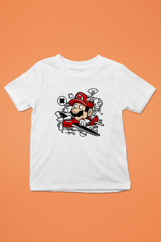 Mario Pilot Baskılı Beyaz Unisex Çocuk Tişört