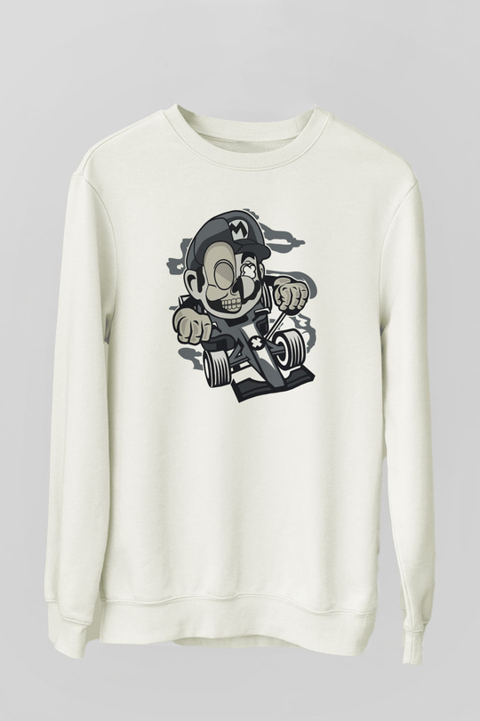 Mario Skull Karting Racer Baskılı Beyaz Unisex Sweatshirt