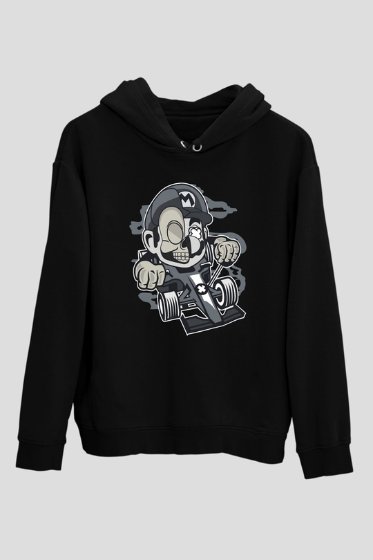 Mario Skull Karting Racer Baskılı Siyah Unisex Hoodie