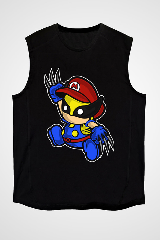 Mario Wolverine Baskılı Siyah Unisex Kolsuz Tişört