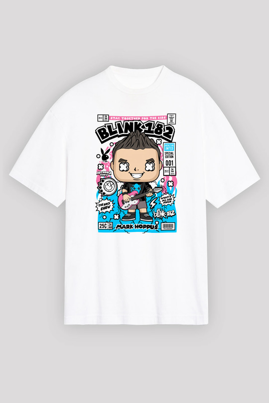 Mark Hoppus Blink 182 Baskılı Unisex Beyaz Oversize Tişört