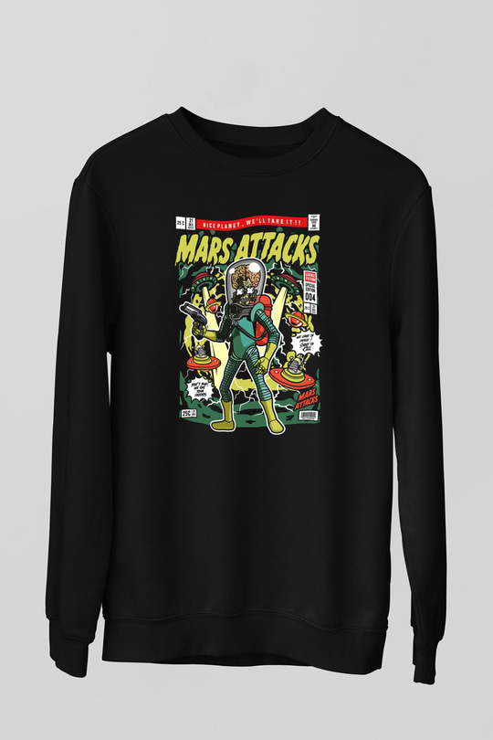 Mars Attacks Baskılı Unisex Siyah Sweatshirt