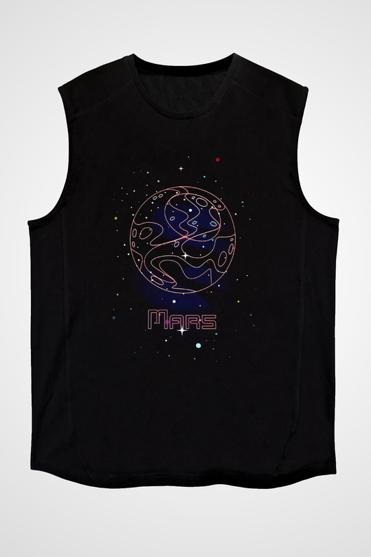 Mars Çizim Baskılı Unisex Kolsuz Siyah Tişört - Tshirt
