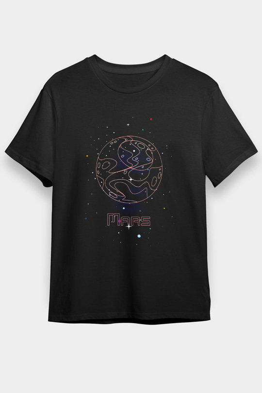 Mars Çizim Baskılı Unisex Siyah Tişört - Tshirt