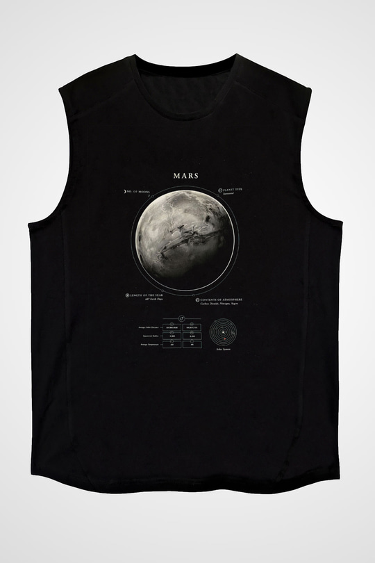 Mars Fiziksel Özellikleri Baskılı Unisex Kolsuz Siyah Tişört - Tshirt