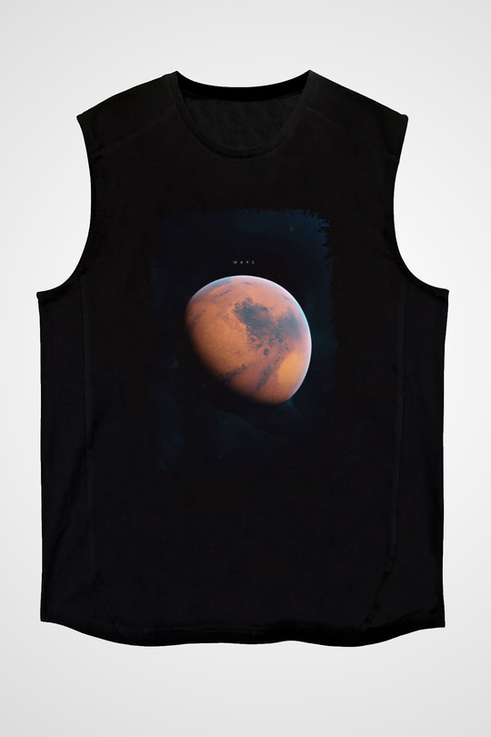 Mars Fotoğraf Baskılı Unisex Kolsuz Siyah Tişört - Tshirt