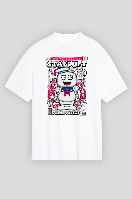 Marshmallow Baskılı Unisex Beyaz Oversize Tişört
