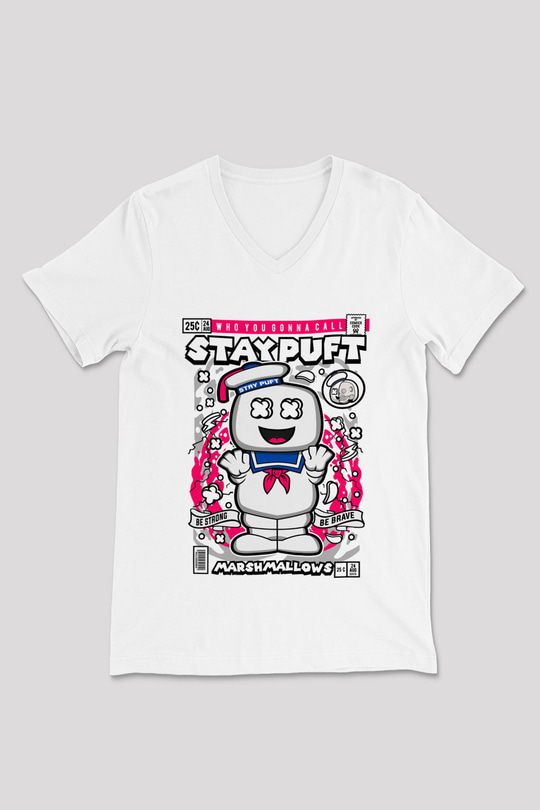 Marshmallow Baskılı Unisex Beyaz V Yaka Tişört