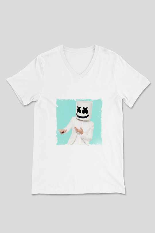Marshmello Baskılı Beyaz V Yaka Unisex Tişört