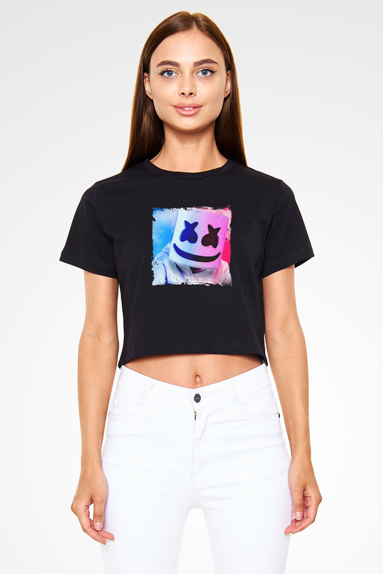 Marshmello Baskılı Crop Top Siyah Kadın Tişört