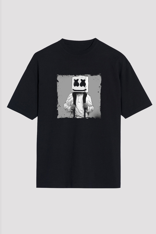 Marshmello Baskılı Unisex Oversize Siyah Tişört