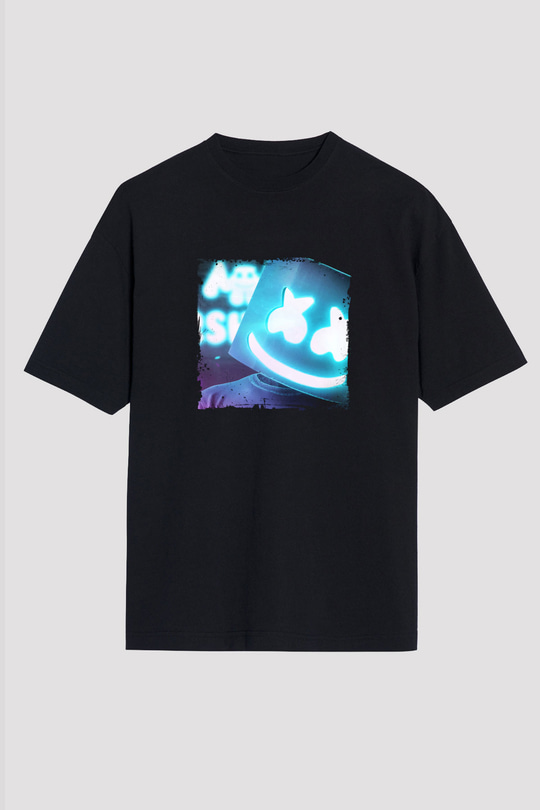 Marshmello Baskılı Unisex Oversize Siyah Tişört
