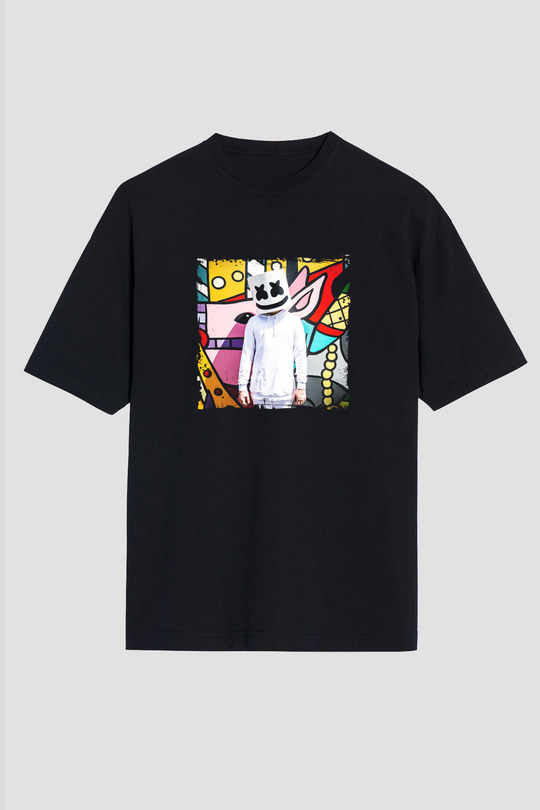Marshmello Baskılı Unisex Oversize Siyah Tişört