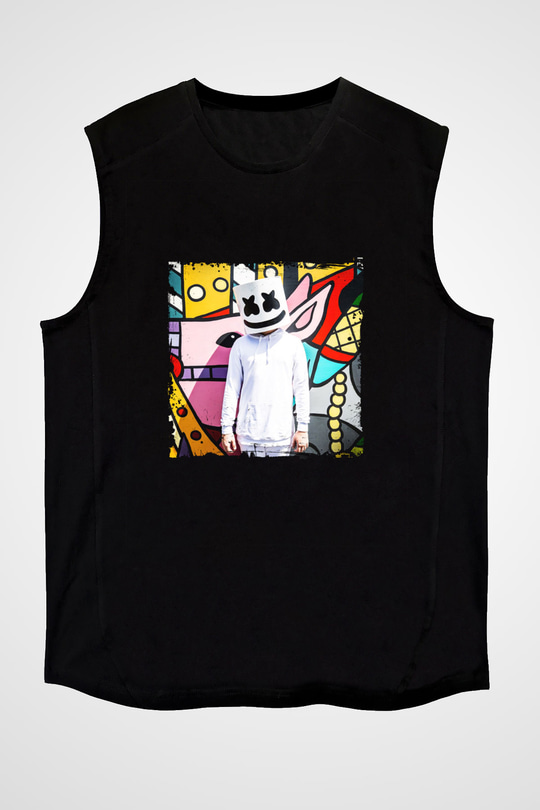 Marshmello Baskılı Unisex Siyah Kolsuz Tişört