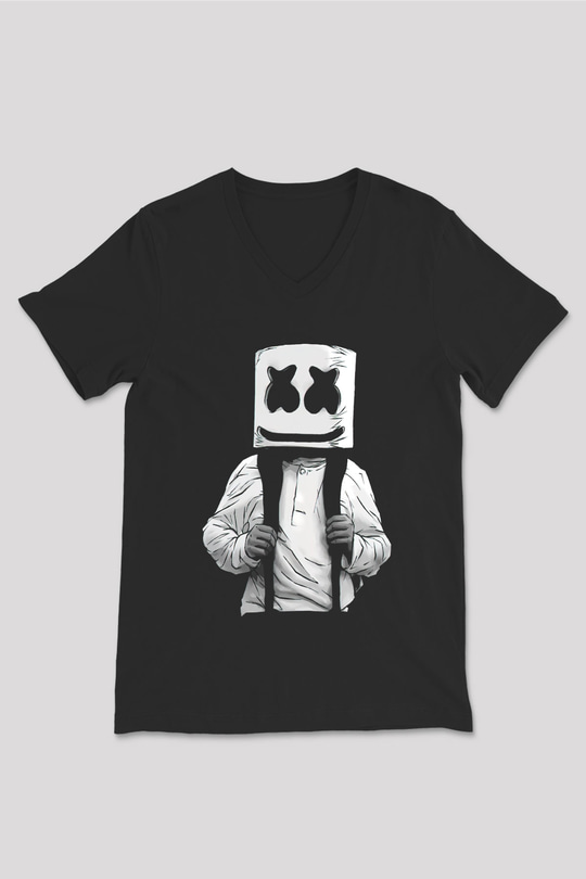 Marshmello Siyah Unisex V Yaka Tişört T-Shirt