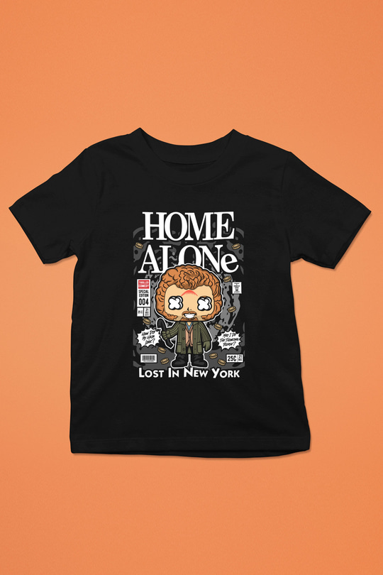 Marv Evde Tek Başına Baskılı Unisex Siyah Çocuk Tişört
