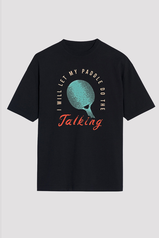Masa Tenisi - Ping Pong Baskılı Unisex Siyah Oversize Tişört