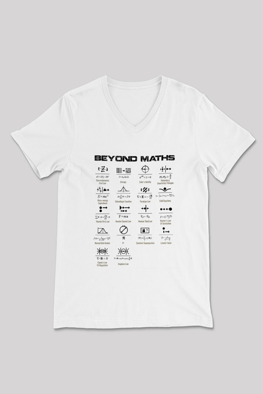 Matematiğin Ötesinde Baskılı Unisex V Yaka Beyaz Tişört - Tshirt