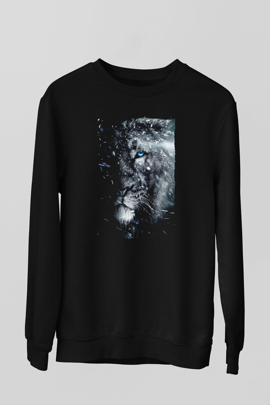 Mavi Gözlü Aslan Baskılı Unisex Siyah  Sweatshirt