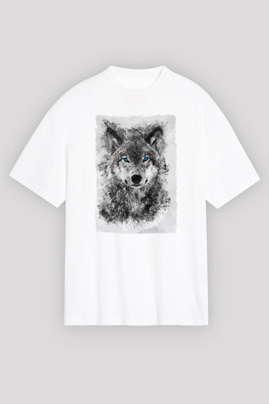 Mavi Gözlü Kurt Baskılı Unisex Beyaz Tshirt