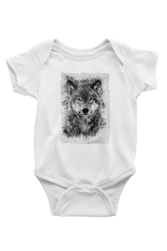 Mavi Gözlü Kurt BaskılıBeyaz Tshirt Bebek Body - Zıbın