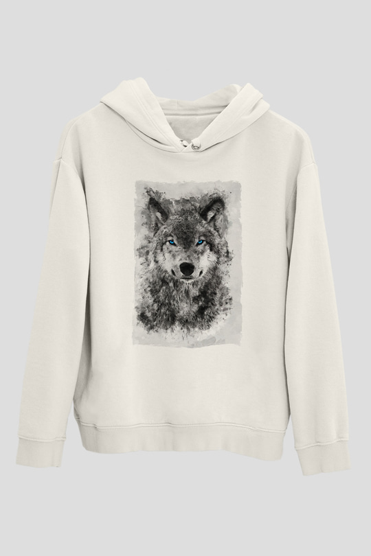 Mavi Gözlü KurtBeyaz Tshirt Unisex Hoodie