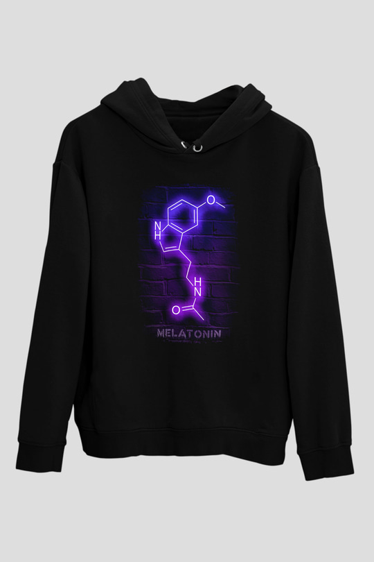 Melatonin Molekülü Neon Baskılı Unisex Siyah Kapüşonlu Sweatshirt