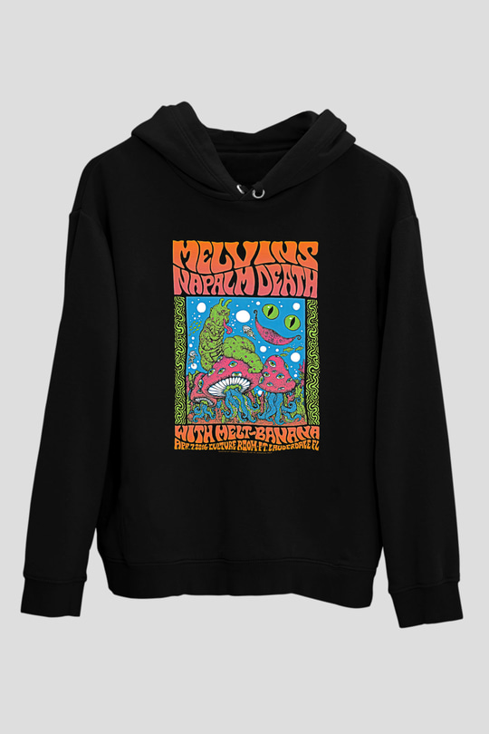 Melvins Baskılı Unisex Siyah Kapüşonlu Sweatshirt