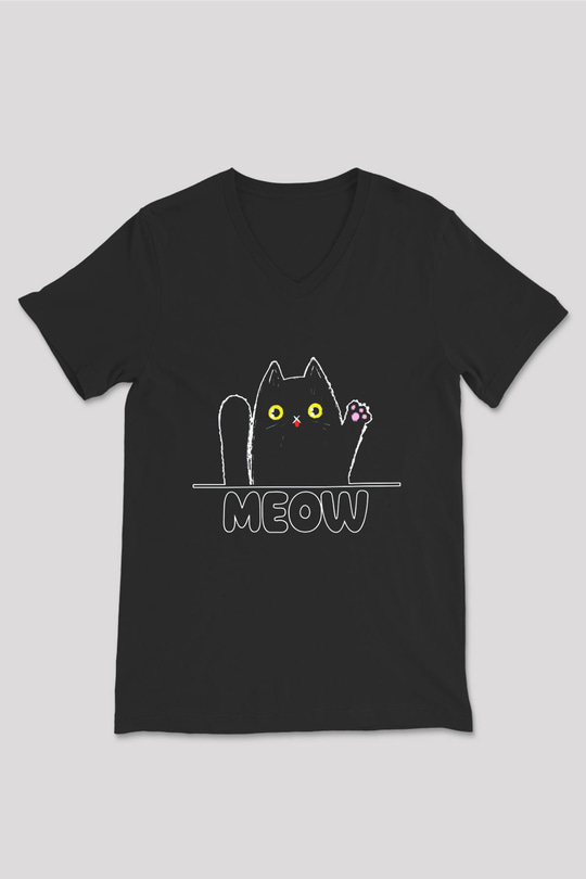 Meow Kedi Baskılı Unisex Siyah  V Yaka Tişört
