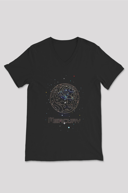 Merkür Çizim Baskılı Unisex V Yaka Siyah Tİşört - Tshirt
