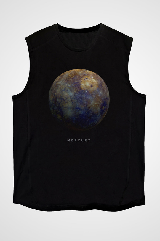 Merkür Gezegen Baskılı Unisex Kolsuz Siyah Tişört - Tshirt