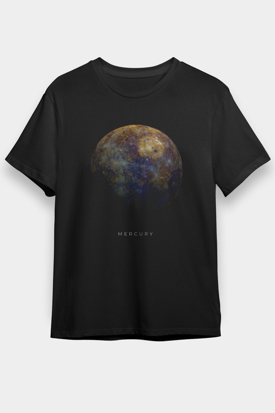 Merkür Gezegen Baskılı Unisex Siyah Tişört - Tshirt