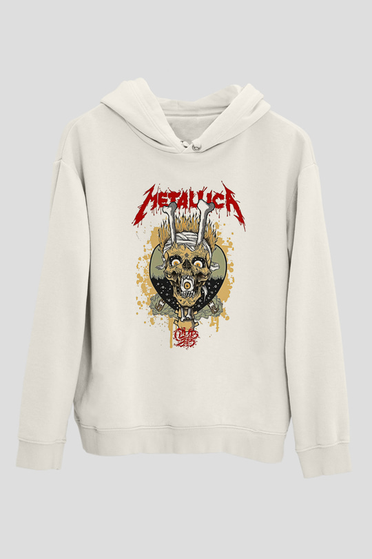 Metallica Baskılı Beyaz Unisex Kapüşonlu Sweatshirt