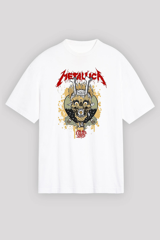 Metallica Baskılı Beyaz Unisex Oversize Tişört - Tshirt