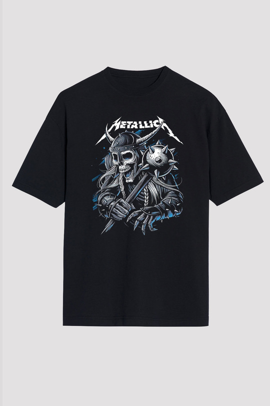 Metallica Baskılı Unisex Siyah Oversize Tişört - Tshirt