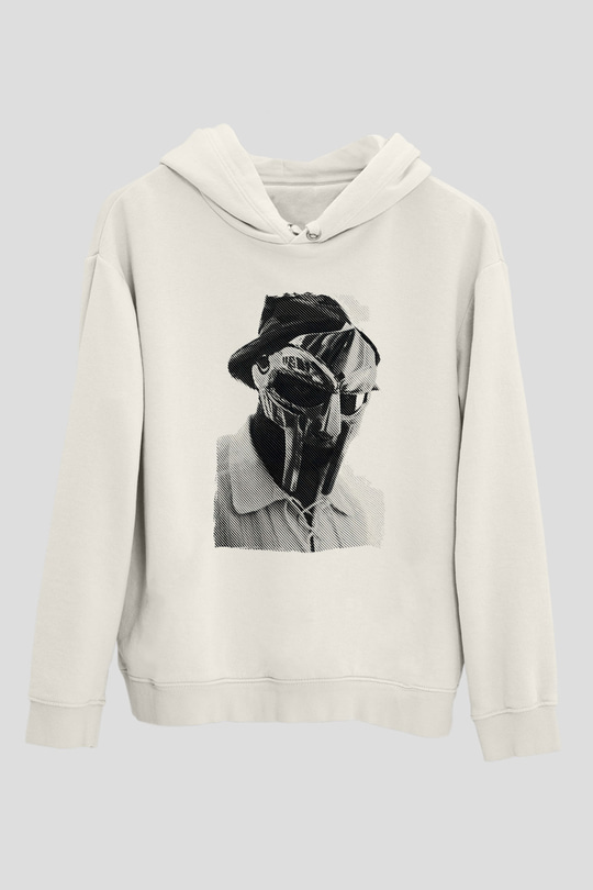 Mf Doom Baskılı Beyaz Unisex Kapüşonlu Sweatshirt