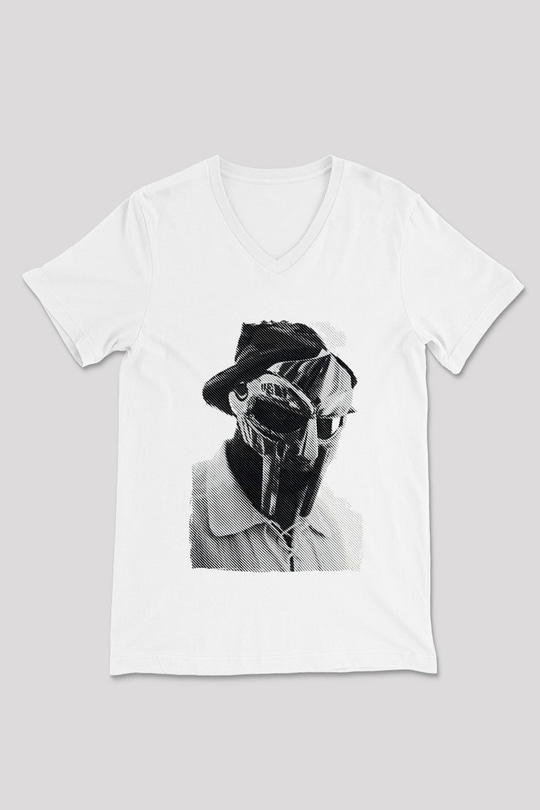 Mf Doom Baskılı Beyaz Unisex V Yaka Tişört - Tshirt