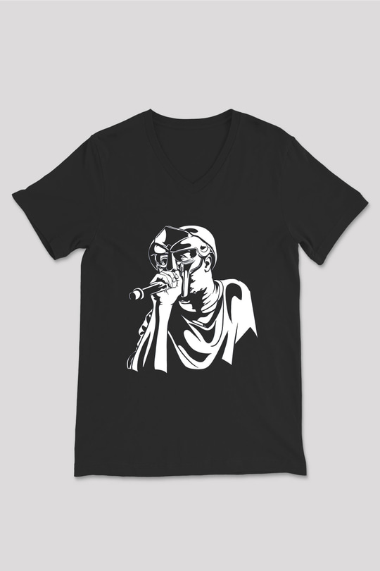 Mf Doom Baskılı Unisex Siyah V Yaka Tişört - Tshirt