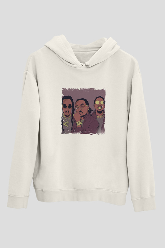 Migos Baskılı Unisex Beyaz Kapüşonlu Sweatshirt