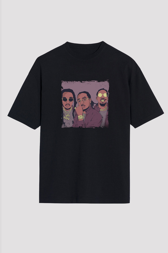 Migos Baskılı Unisex Oversize Siyah Tişört