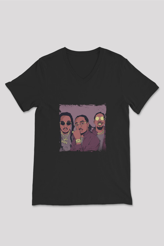 Migos Baskılı Unisex Siyah V Yaka Tişört