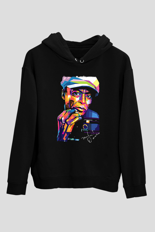 Miles Davis Baskılı Unisex Siyah Kapüşonlu Sweatshirt