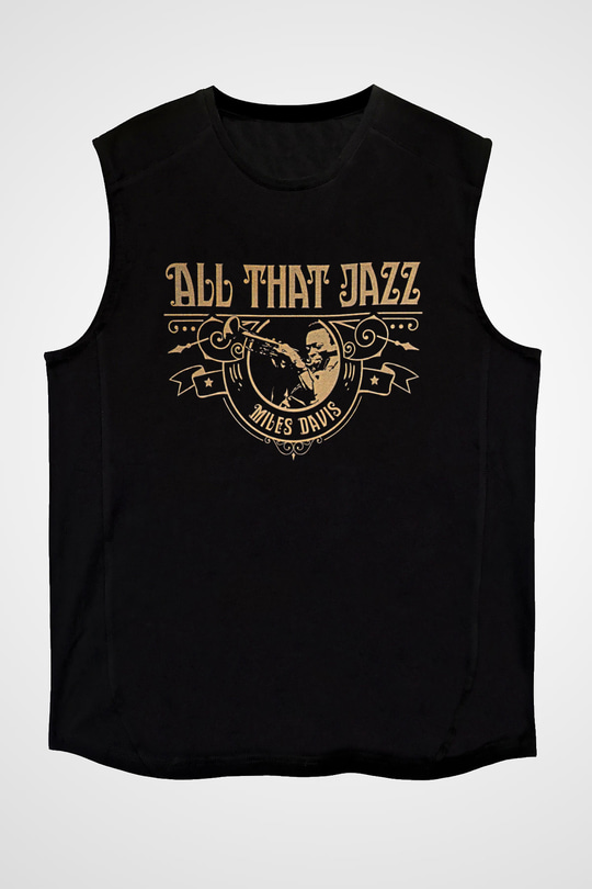 Miles Davis Baskılı Unisex Siyah Kolsuz Tişört - Tshirt
