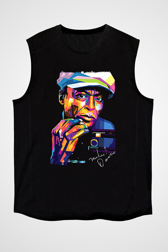 Miles Davis Baskılı Unisex Siyah Kolsuz Tişört - Tshirt