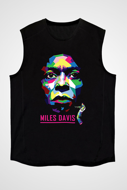 Miles Davis Baskılı Unisex Siyah Kolsuz Tişört - Tshirt